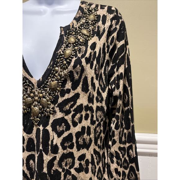 inc international concepts Women’s Long Top Plunge V Neck Leopard Beaded LS M - Picture 4 of 9